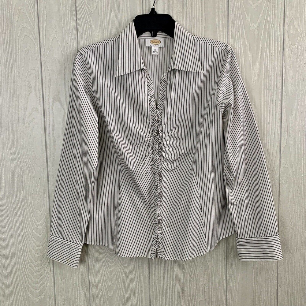 Talbots Petites Black White Stripe V-Neck Ruffle Blouse Size 14